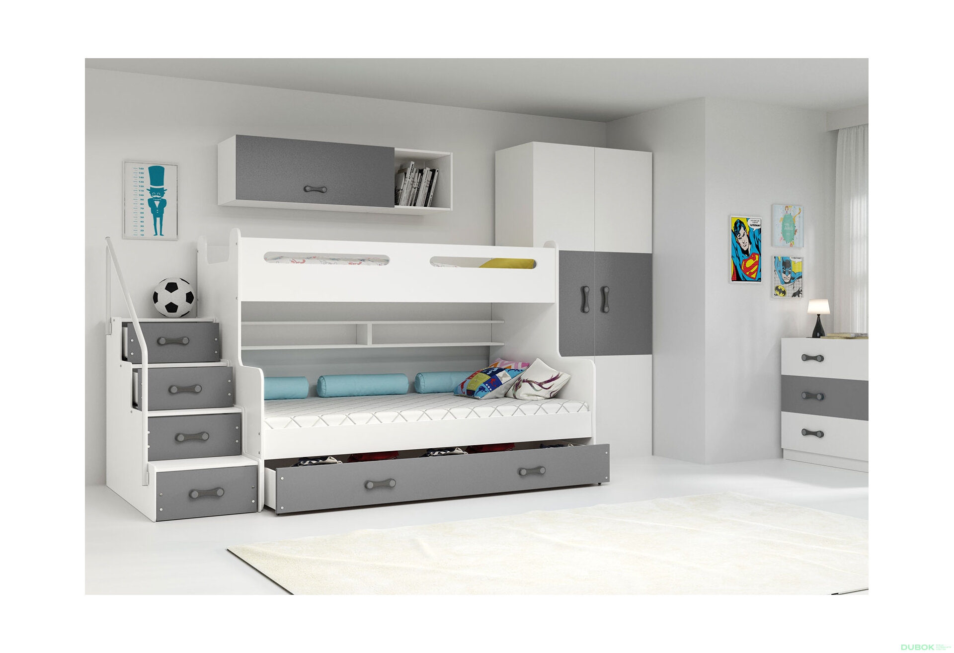 Obrázek 2 - Patrová postel Max 3 bílé / grafit 80x200 / 120x200 + zásuvka, s roštem, matrací