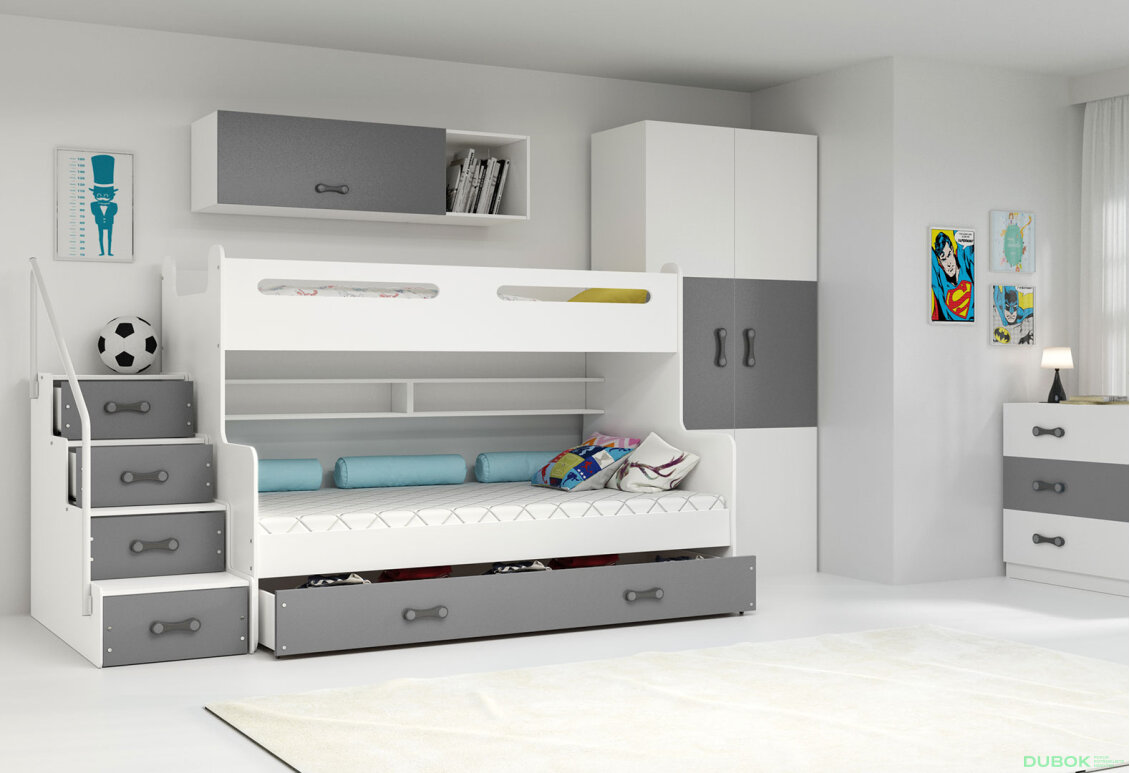 Obrázek 2 - Patrová postel Max 3 bílé / grafit 80x200 / 120x200 + zásuvka, s roštem, matrací