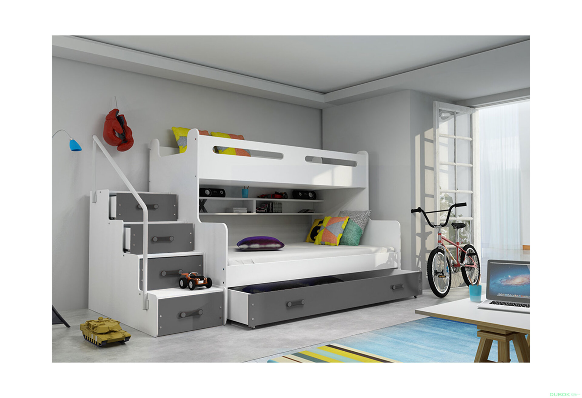 Obrázek 3 - Patrová postel Max 3 bílé / grafit 80x200 / 120x200 + zásuvka, s roštem, matrací