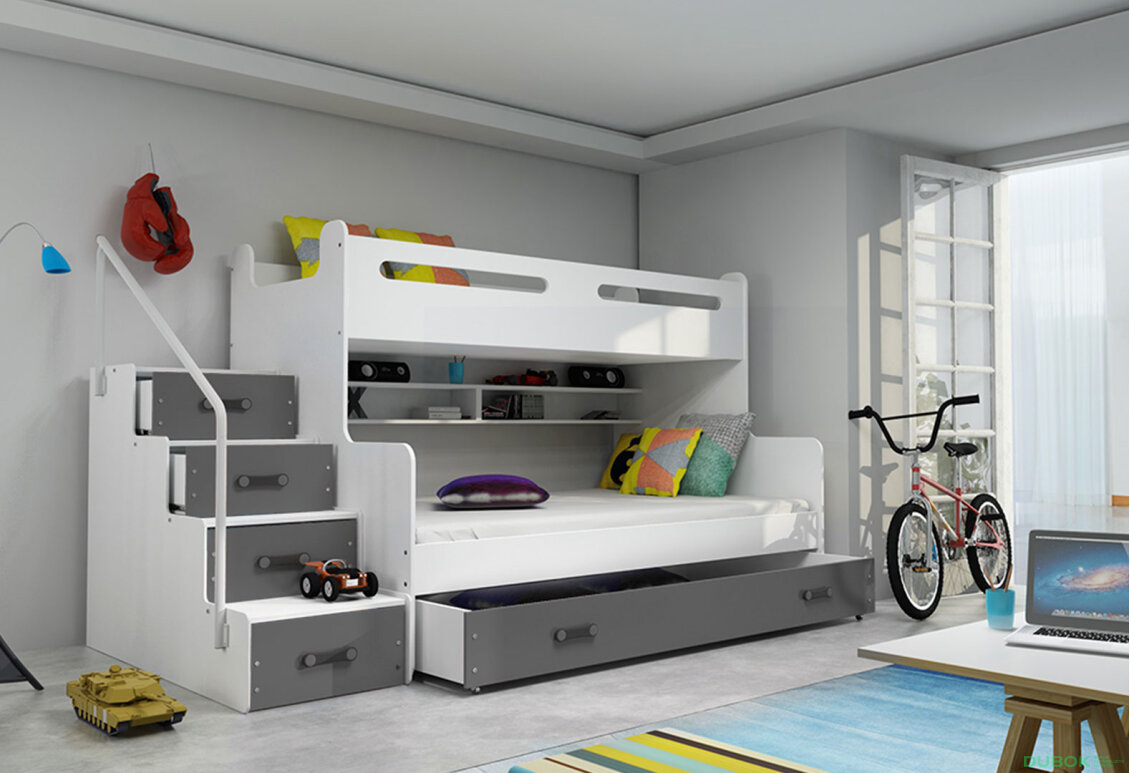 Obrázek 3 - Patrová postel Max 3 bílé / grafit 80x200 / 120x200 + zásuvka, s roštem, matrací