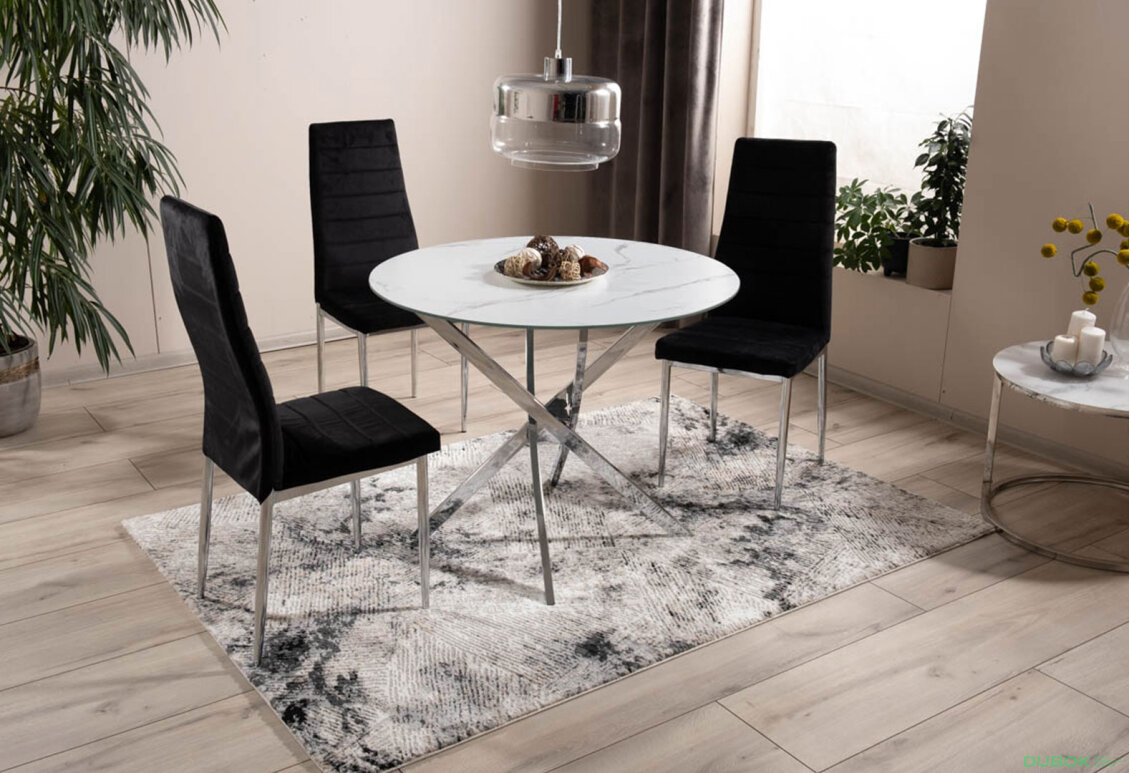 Stůl Agis 90 mramorový efekt, bílý + 3 židle H-261 Velvet černý Bluvel 19 / Chrom