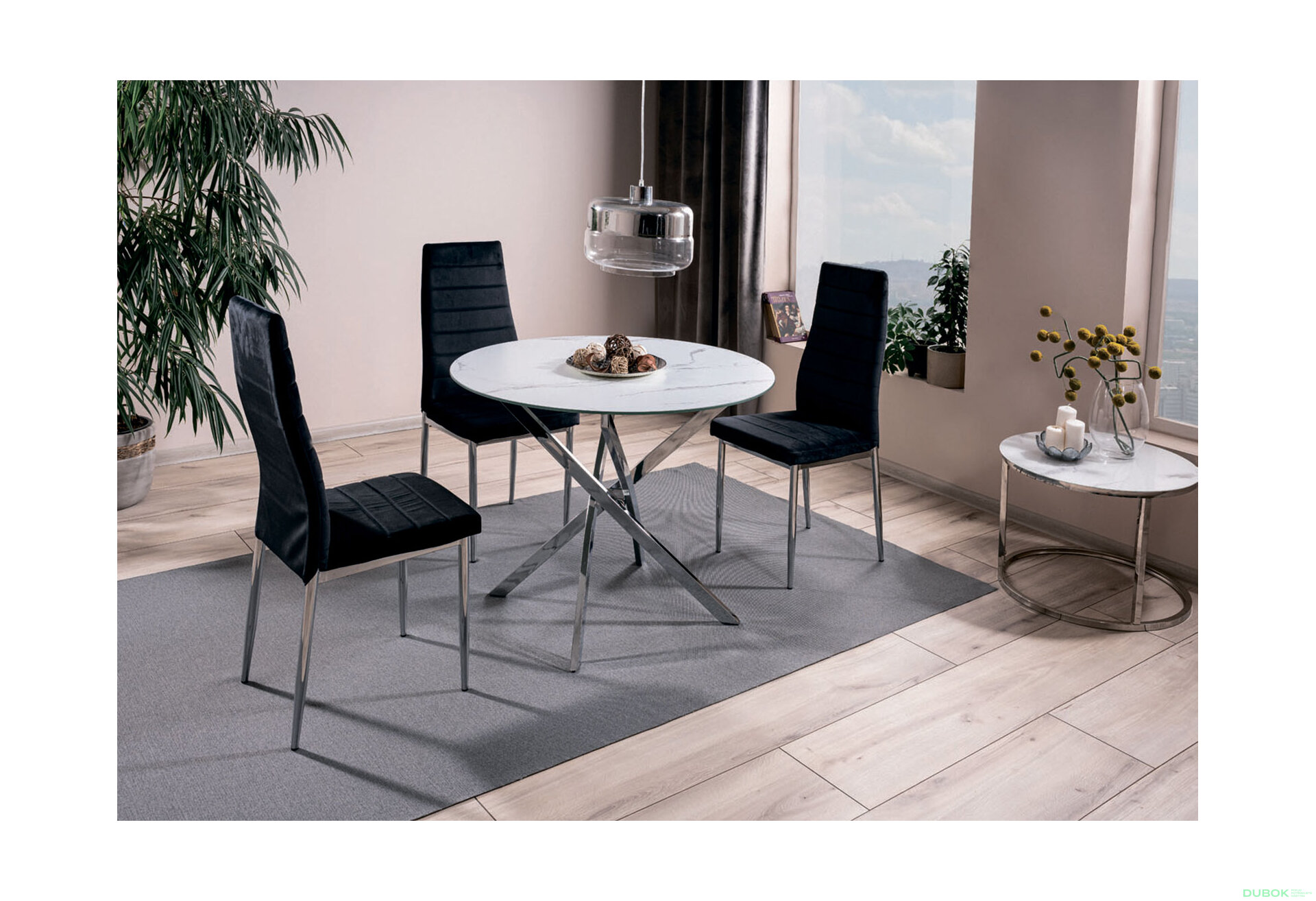 Obrázek 4 - Stůl Agis 90 mramorový efekt, bílý + 3 židle H-261 Velvet černý Bluvel 19 / Chrom