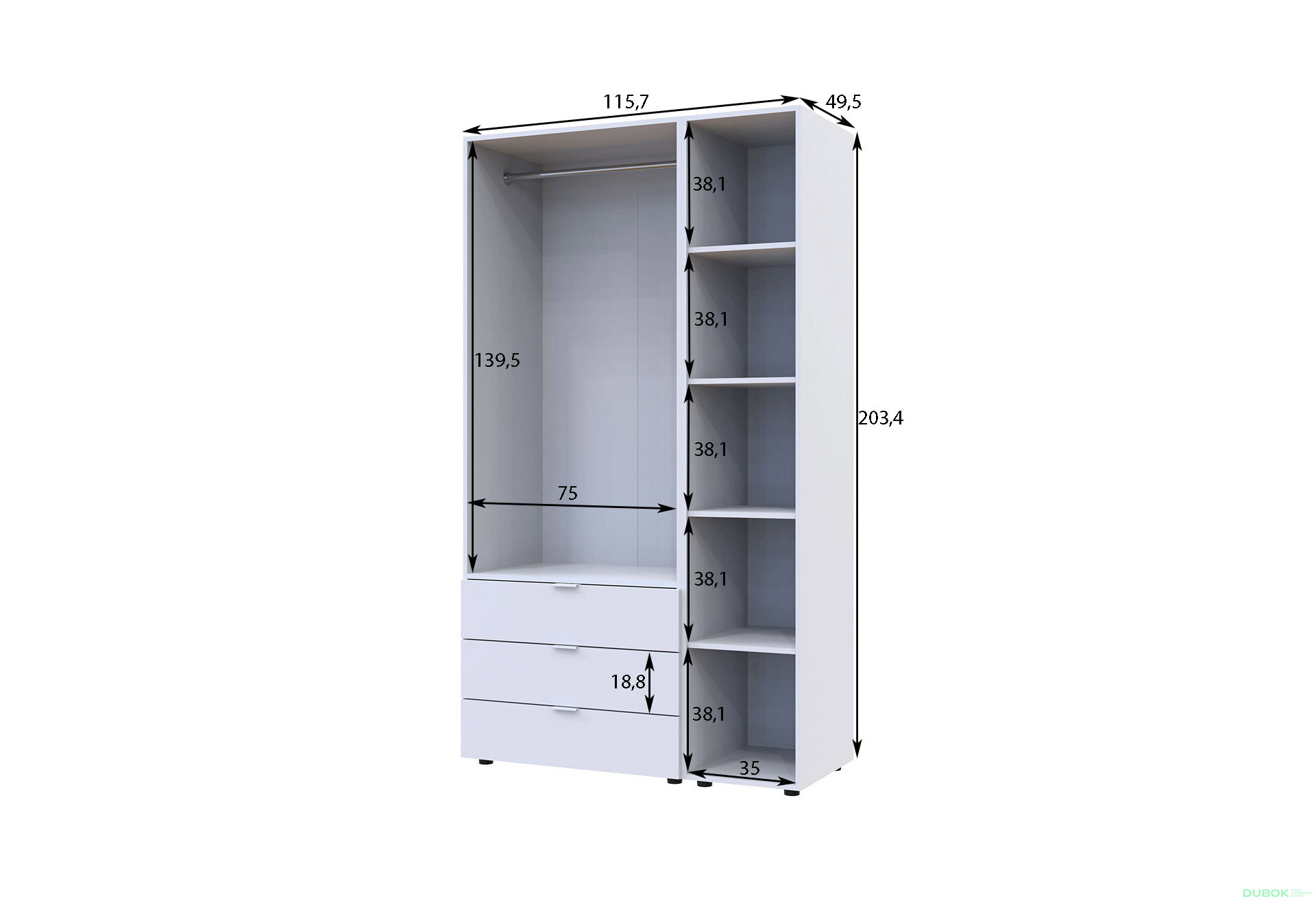 Obrázek 7 - Skříň dvoudveřová s regálem Gelar 115.7 cm Bílá