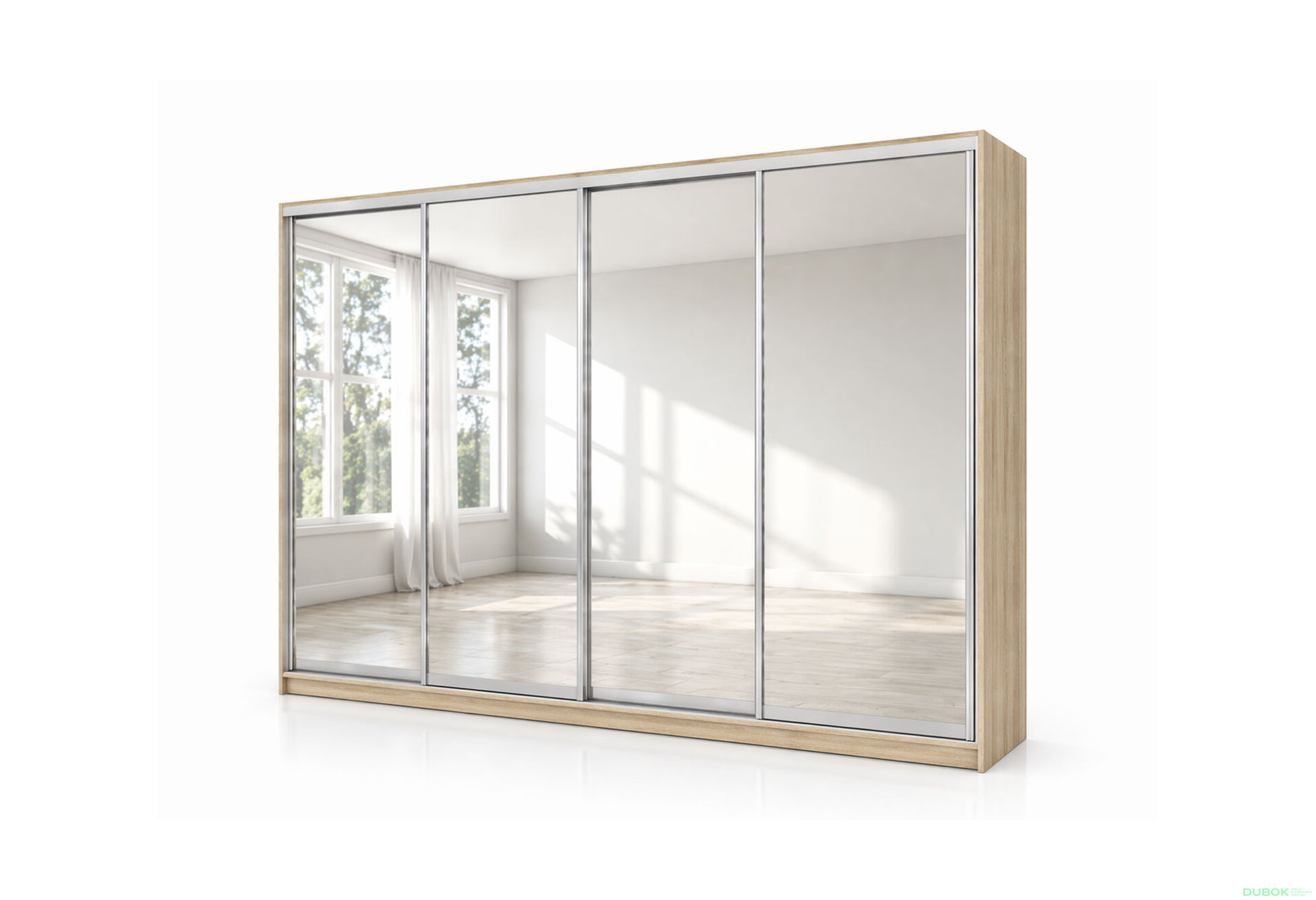 Obrázek 1 - Skříň s posuvnými dveřmi 3000x2400x600 4 zrcadla dub sonoma, profil stříbrný