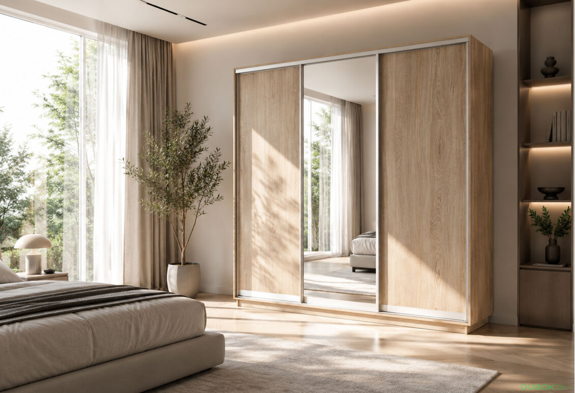 Obrázek 2 - Skříň s posuvnými dveřmi 2500x2400x600 2LTD 1 zrcadlo Dub Sonoma, profil stříbrný