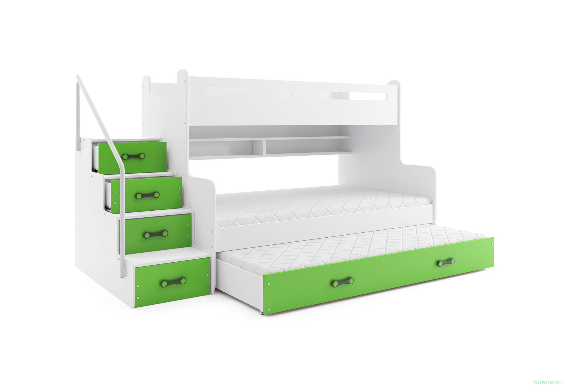Obrázek 1 - Patrová postel Max 3 pro tři osoby bílé / zelený 80x200 / 120x200 / 80x190, s roštem, matrací