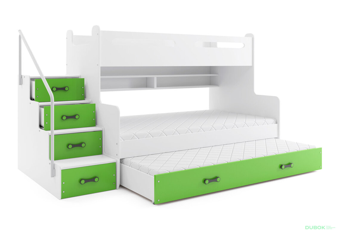 Patrová postel Max 3 pro tři osoby bílé / zelený 80x200 / 120x200 / 80x190, s roštem, matrací