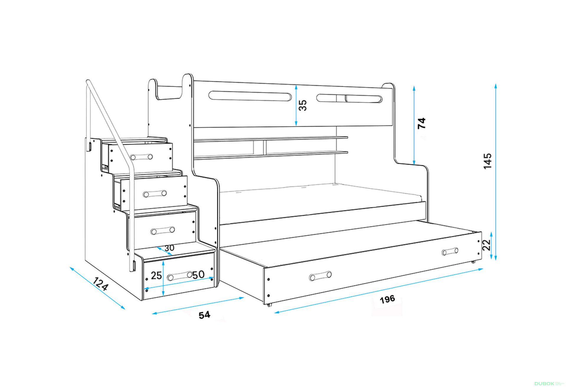 Obrázek 3 - Patrová postel Max 3 pro tři osoby bílé / zelený 80x200 / 120x200 / 80x190, s roštem, matrací