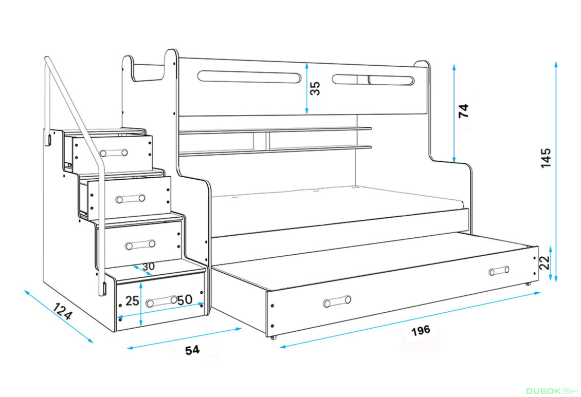 Obrázek 3 - Patrová postel Max 3 pro tři osoby bílé / zelený 80x200 / 120x200 / 80x190, s roštem, matrací