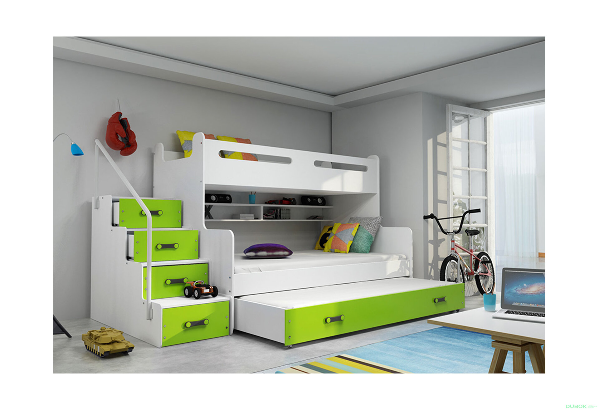 Obrázek 2 - Patrová postel Max 3 pro tři osoby bílé / zelený 80x200 / 120x200 / 80x190, s roštem, matrací