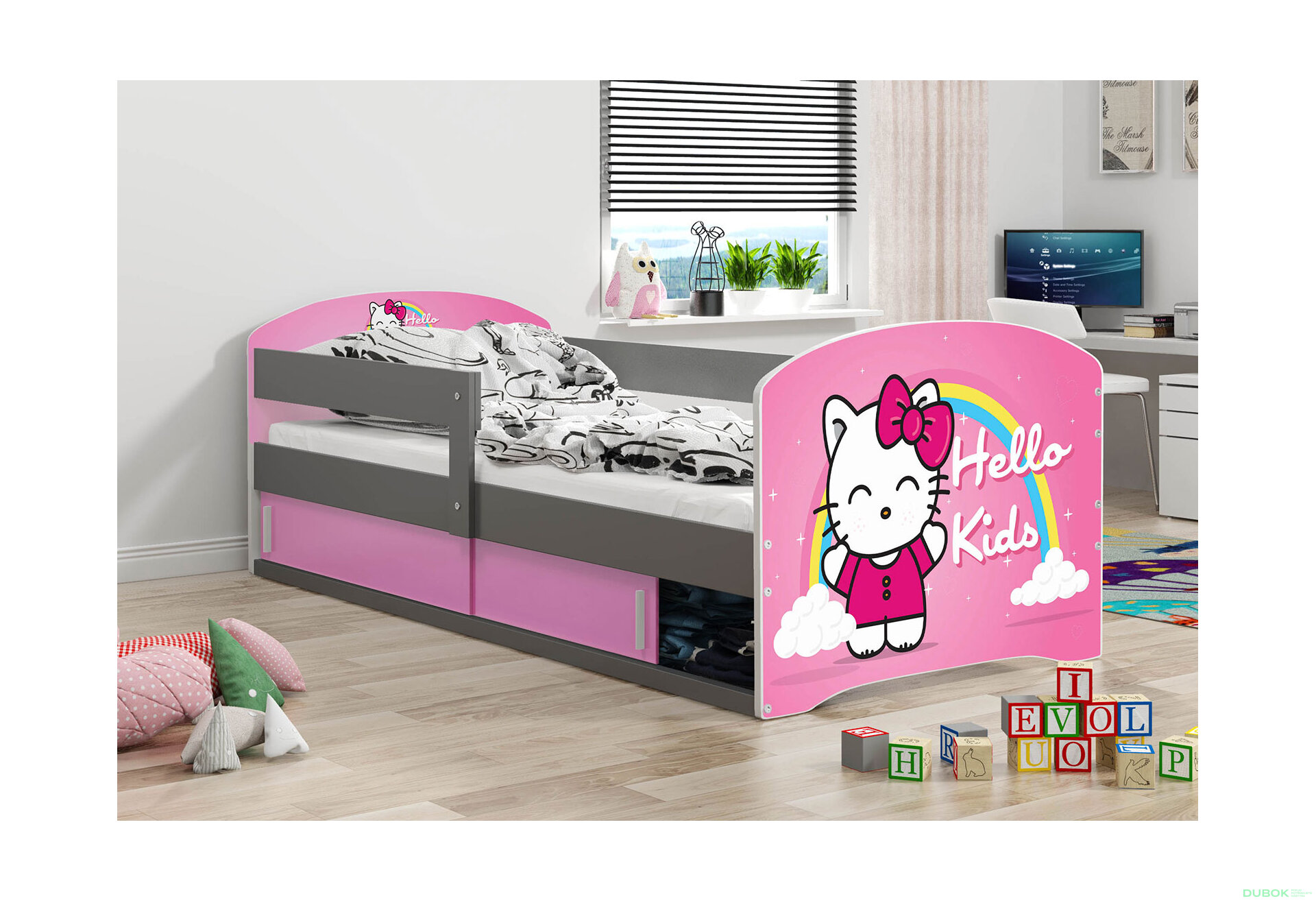 Obrázek 2 - Postel Luki 1 grafit Hello Kids 80x160 cm s roštem, matrací