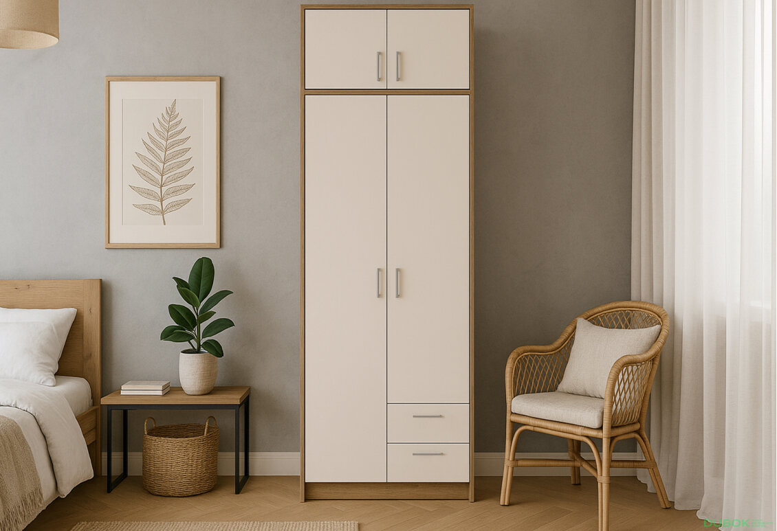 Obrázek 2 - Skříň Rondi 2 dřevotříska s nástavbou dub artisan / kašmír 82x52x236