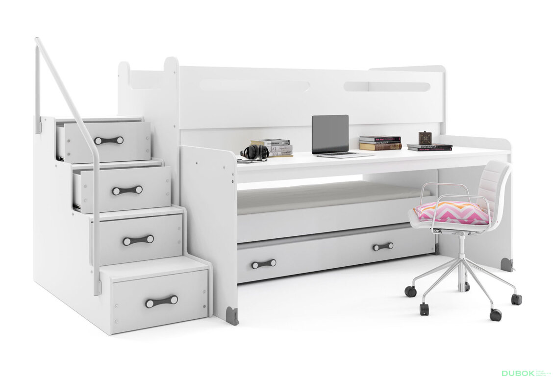 Obrázek 2 - Patrová postel Max 1 pro tři osoby bílé 80x200 cm s roštem, matrací
