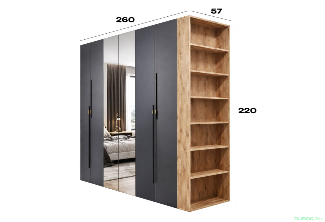 Obrázek 2 - Skříň 6D 260 cm se zrcadlem dub appalačský / grafit Space