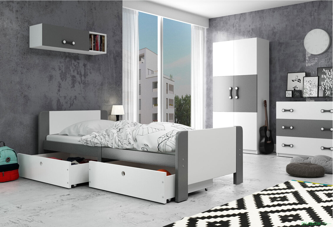 Obrázek 2 - Postel Arek grafit / bílý + zásuvka 80x200 cm s roštem, matrací