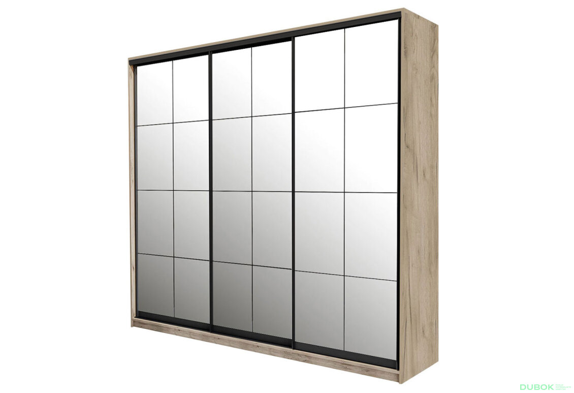 Skříň 3D W Loft 1800x600x2400, 3 zrcadla Lines BL, Dub kraft šedý