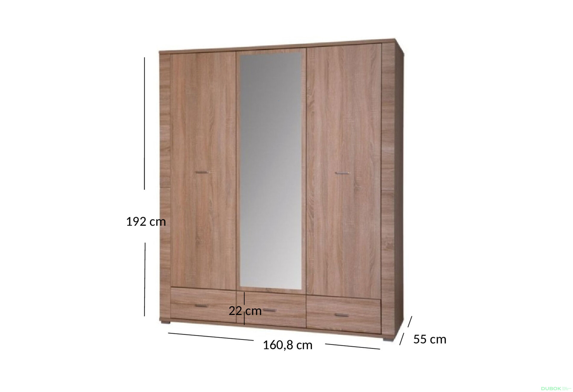 Obrázek 2 - Skříň třídveřová se zrcadlem a zásuvkami Gress 160x192x55 cm Dub sonoma