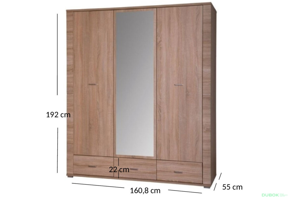 Obrázek 2 - Skříň třídveřová se zrcadlem a zásuvkami Gress 160x192x55 cm Dub sonoma