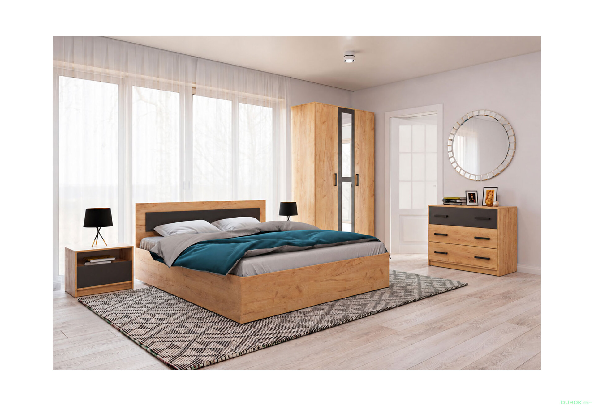Obrázek 1 - Komplet s 3dveřovou skříní, postel 160x200 cm, Dub kraft zlatý / šedý grafit Viva