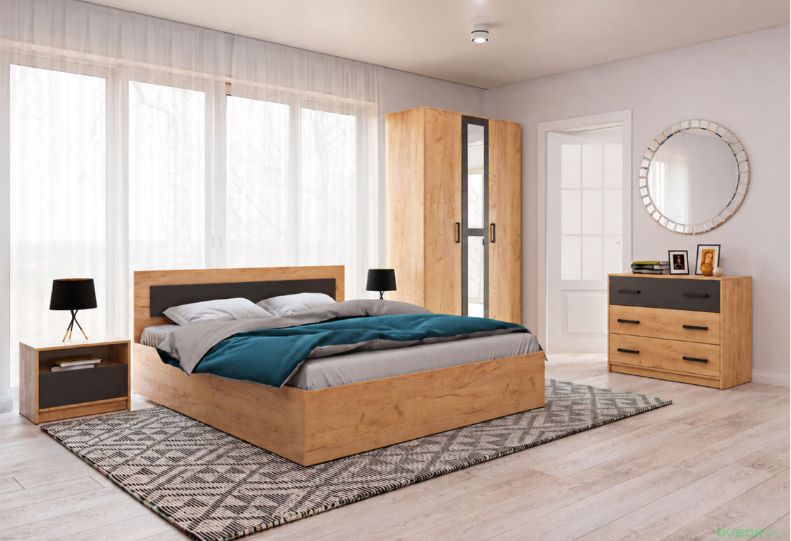 Komplet s 3dveřovou skříní, postel 160x200 cm, Dub kraft zlatý / šedý grafit Viva