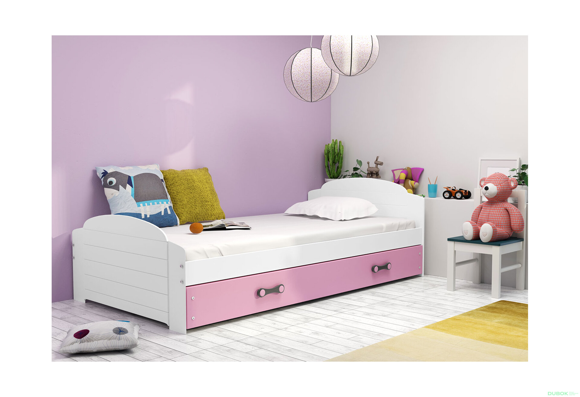 Obrázek 5 - Dvoulůžko Lili bílé, zásuvka růžový + přistýlka 90x200 cm s roštem, 2 matracemi