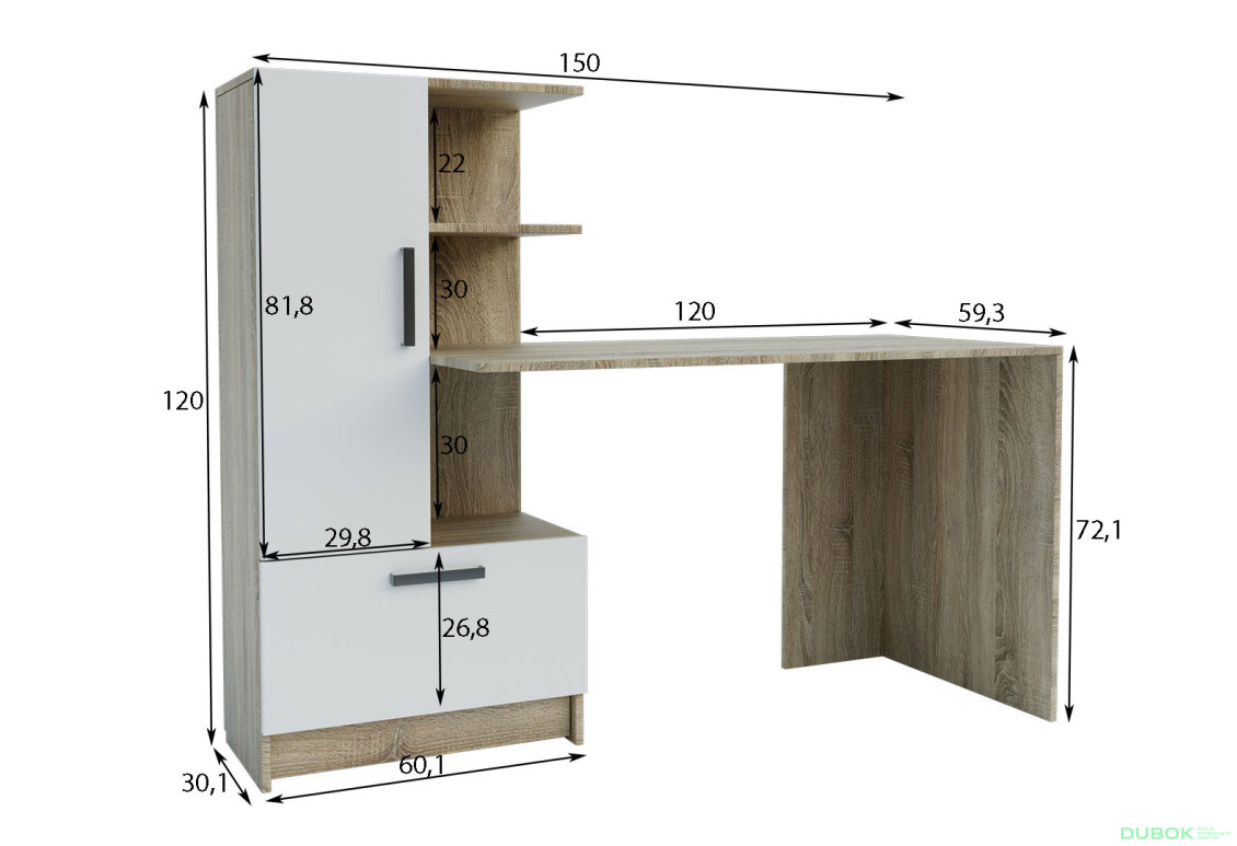 Obrázek 4 - Psací stůl s levou montáží Standard 150 cm Dub sonoma / Nymphaea alba