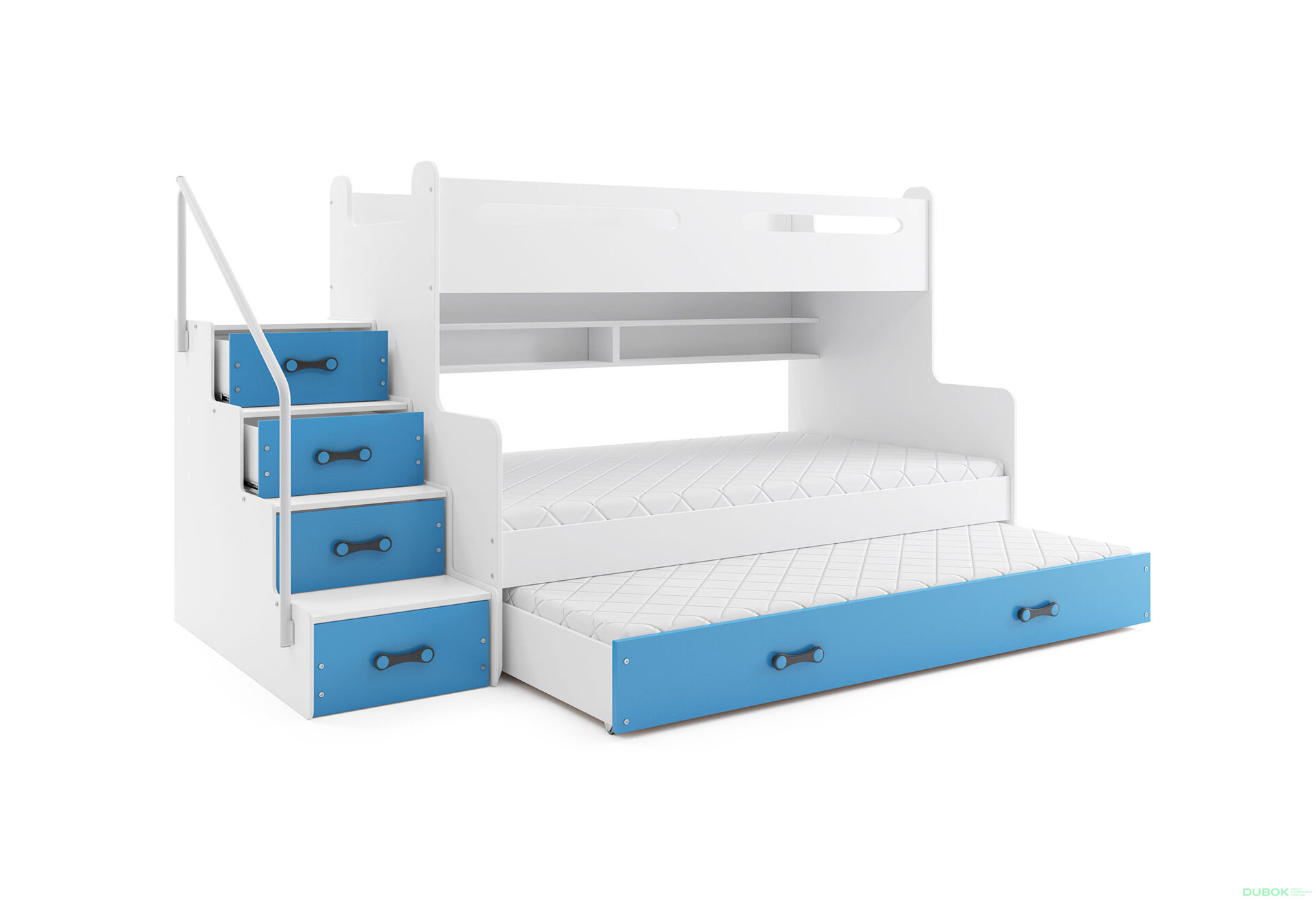 Obrázek 1 - Patrová postel Max 3 pro tři osoby bílé / modrý 80x200 / 120x200 / 80x190, s roštem, matrací