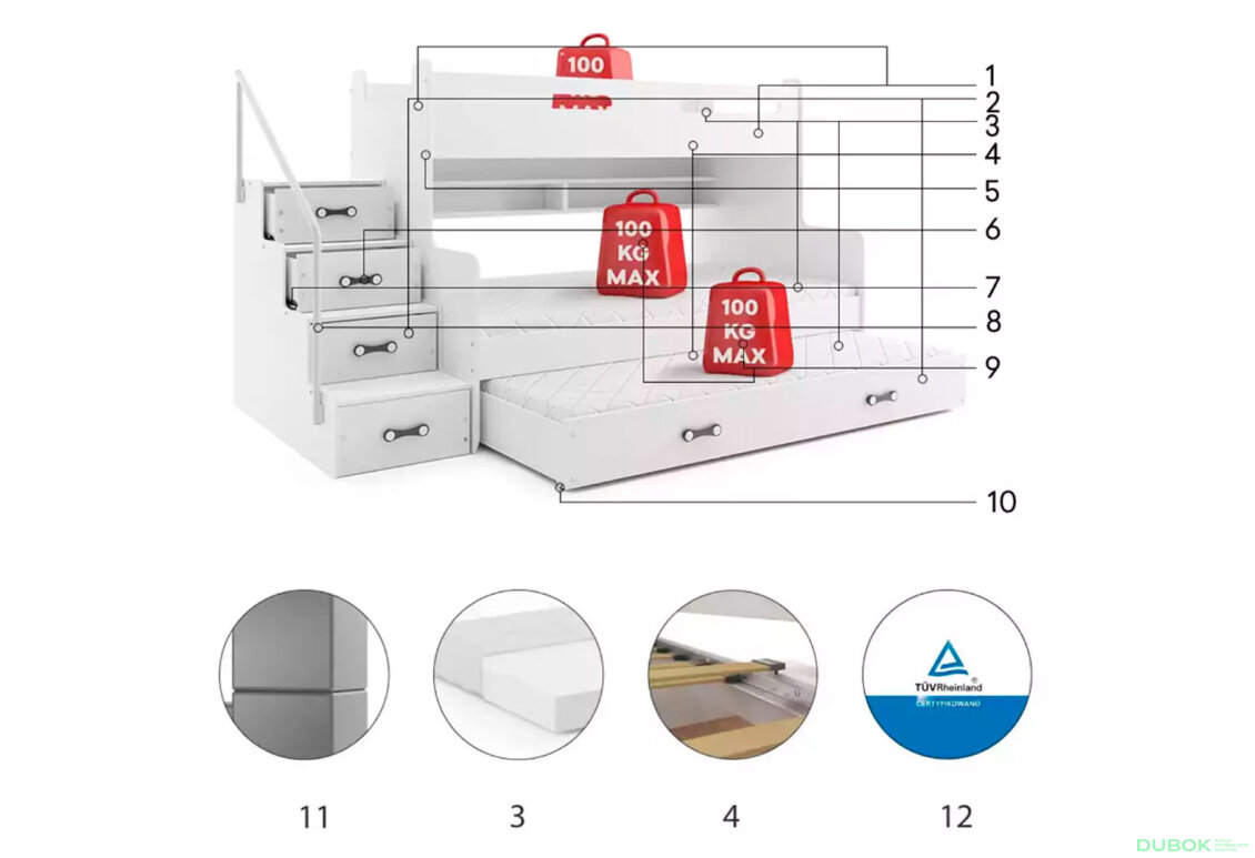 Obrázek 5 - Patrová postel Max 3 pro tři osoby bílé / modrý 80x200 / 120x200 / 80x190, s roštem, matrací