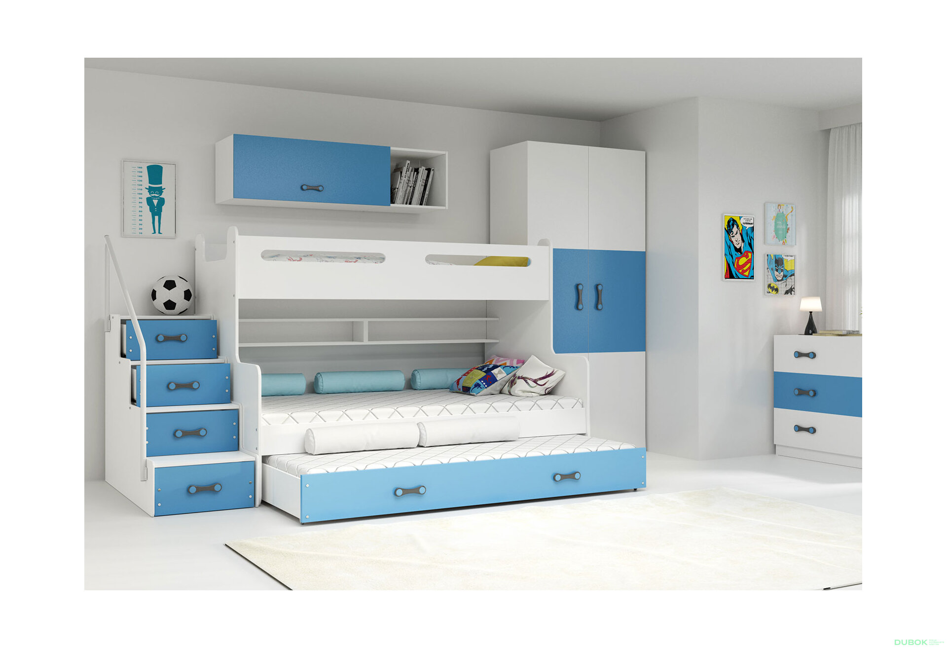 Obrázek 2 - Patrová postel Max 3 pro tři osoby bílé / modrý 80x200 / 120x200 / 80x190, s roštem, matrací