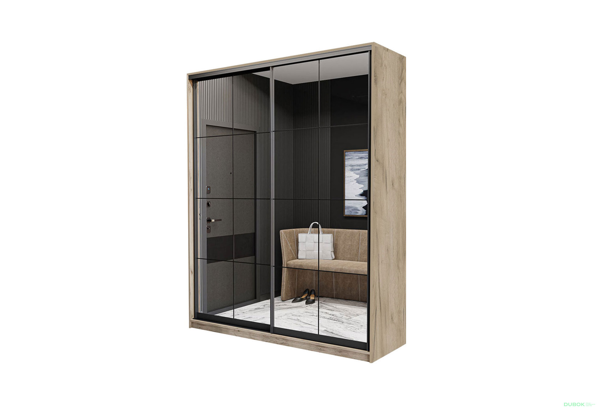 Obrázek 2 - Skříň 2D Loft 1500x600x2400, 2 zrcadla Lines BL, Dub kraft šedý