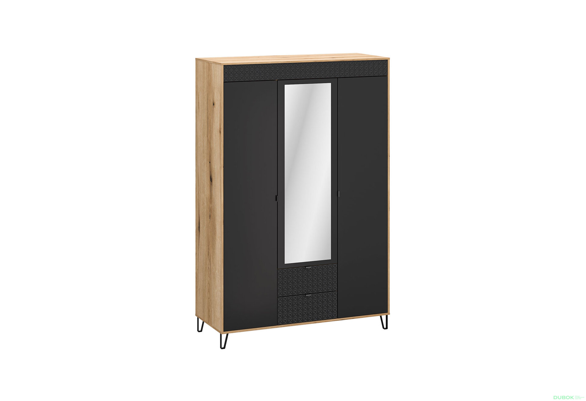 Obrázek 1 - Skříň třídveřová se zrcadlem a zásuvkami Bellano 145x200x56 cm Dub evoke / Černá