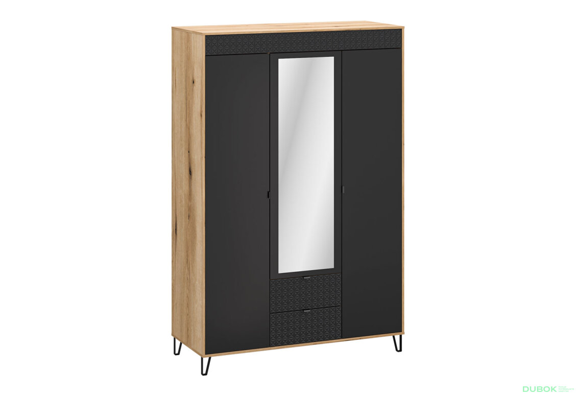 Skříň třídveřová se zrcadlem a zásuvkami Bellano 145x200x56 cm Dub evoke / Černá