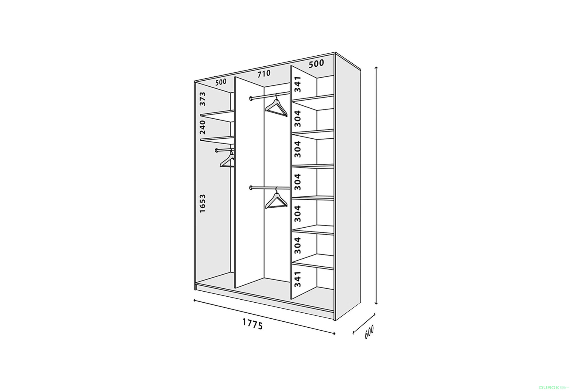 Obrázek 2 - Skříň 2D W Loft 1800x600x2400, 2 zrcadla Lines BL, Dub kraft šedý