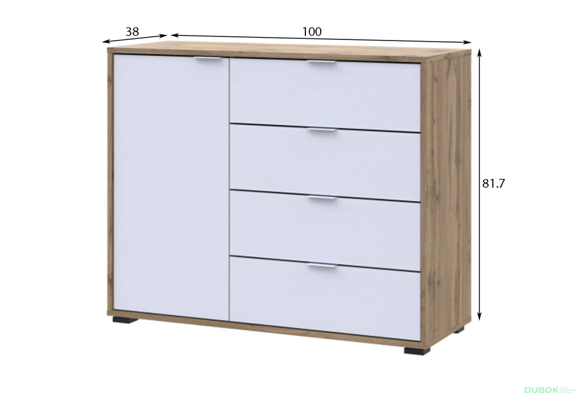Obrázek 3 - Komoda s dvířky a 4 zásuvkami C1 100 cm Dub taho / Bílý