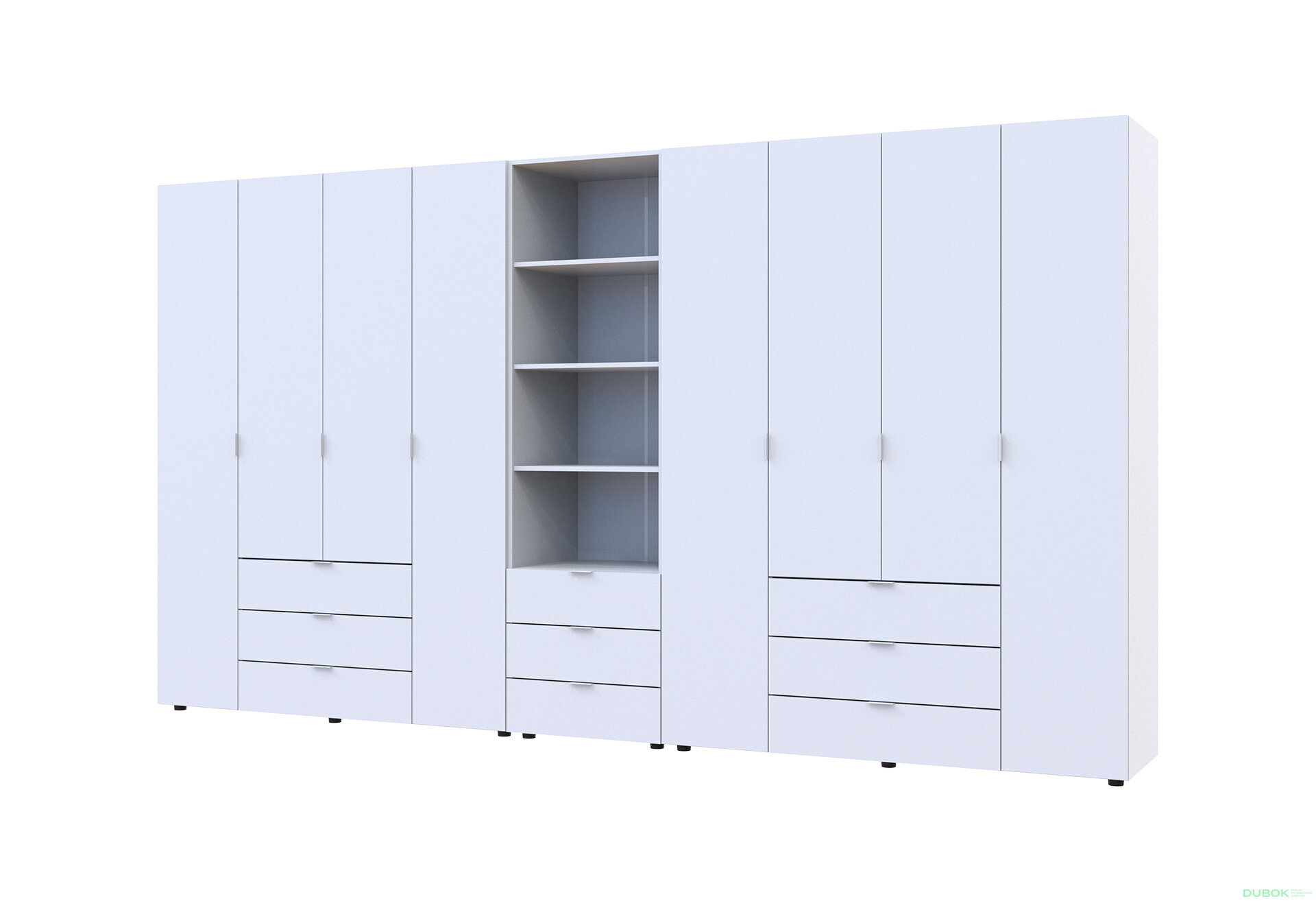 Obrázek 1 - Skříň osmidveřová s regálem se zásuvkami Gelar 370 cm bílý