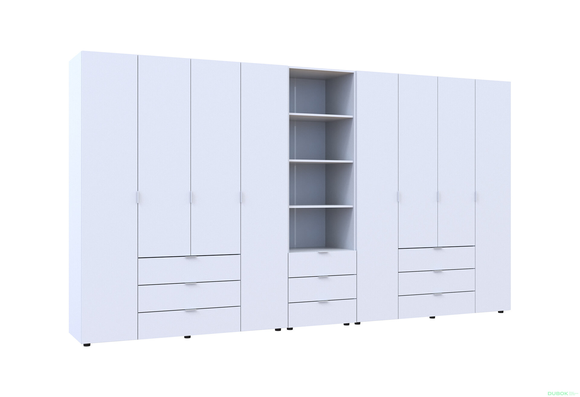 Obrázek 4 - Skříň osmidveřová s regálem se zásuvkami Gelar 370 cm bílý