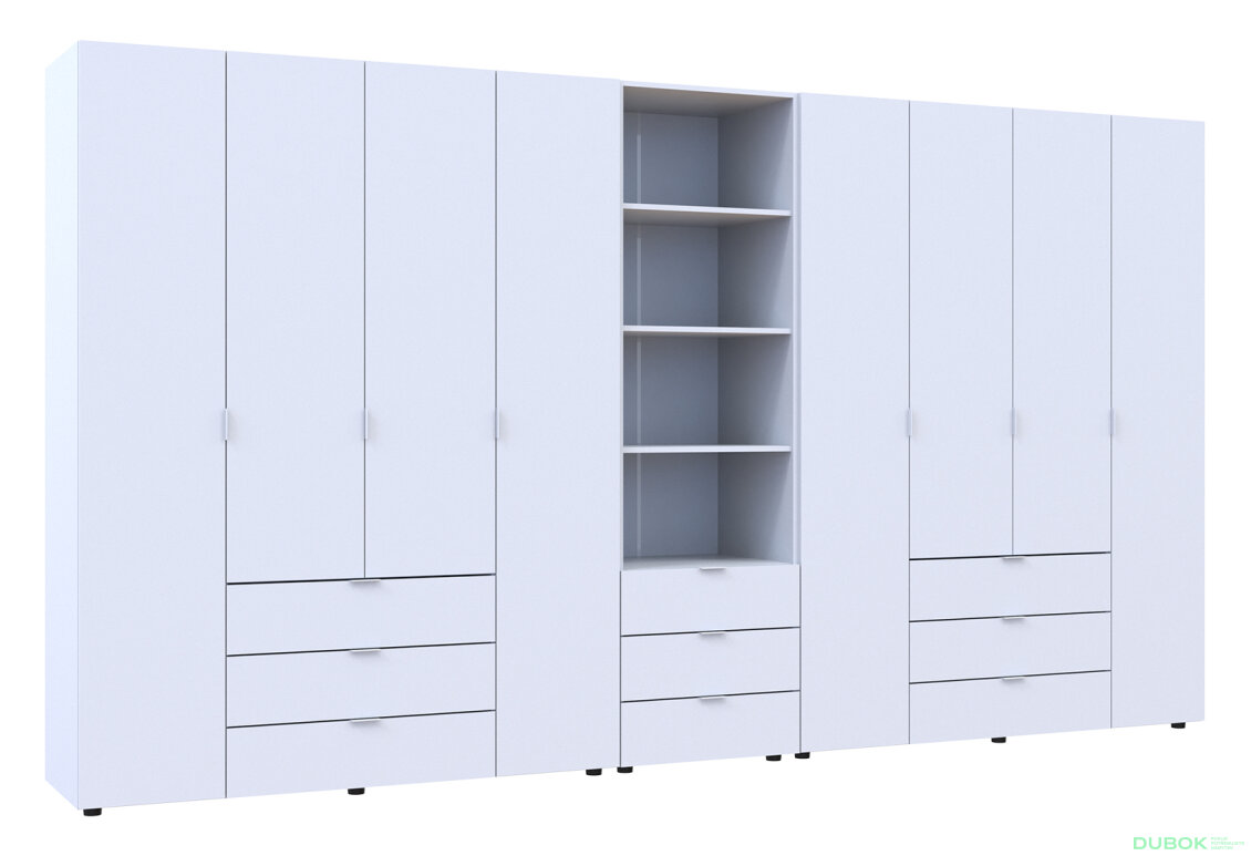 Obrázek 4 - Skříň osmidveřová s regálem se zásuvkami Gelar 370 cm bílý