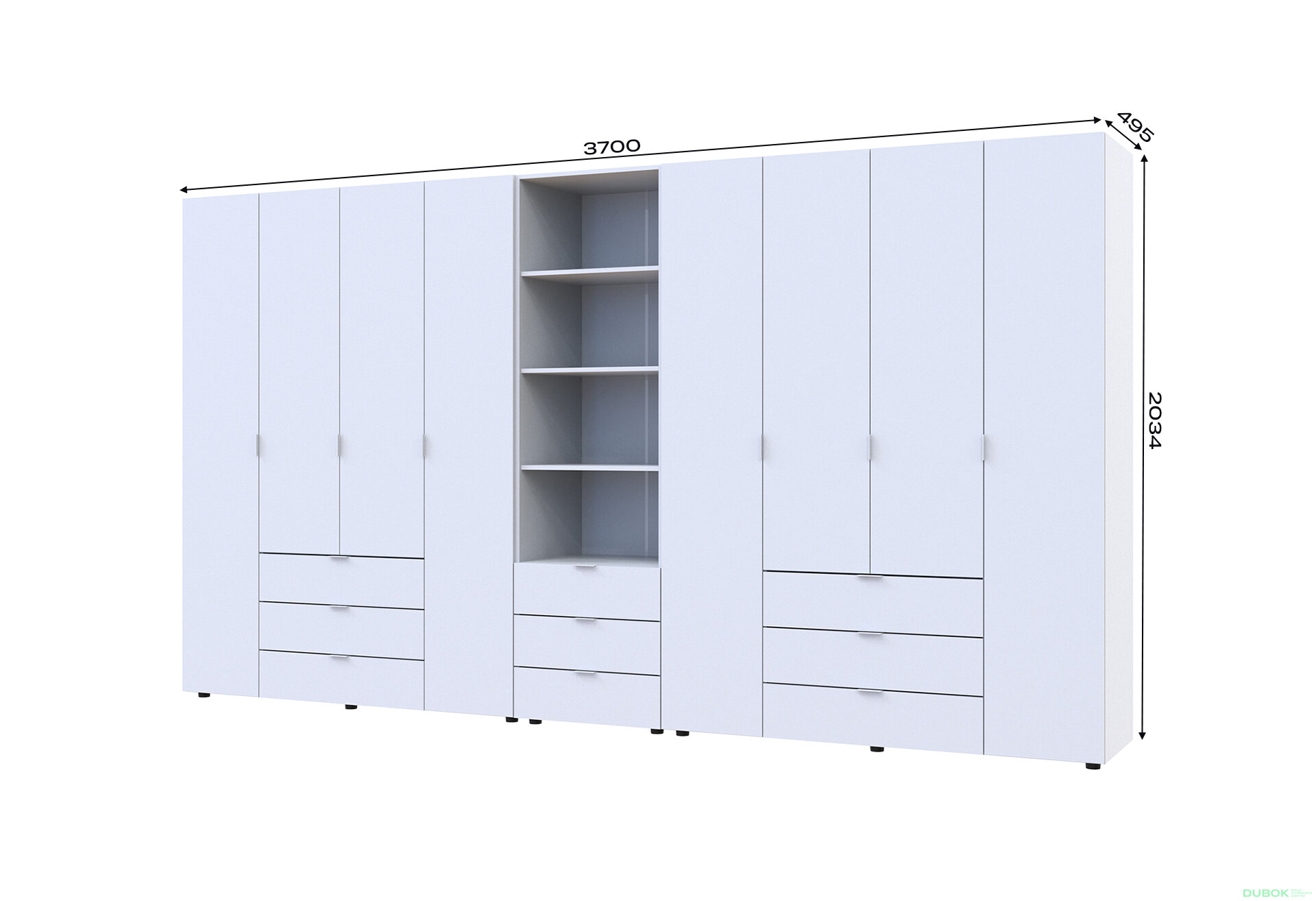 Obrázek 7 - Skříň osmidveřová s regálem se zásuvkami Gelar 370 cm bílý