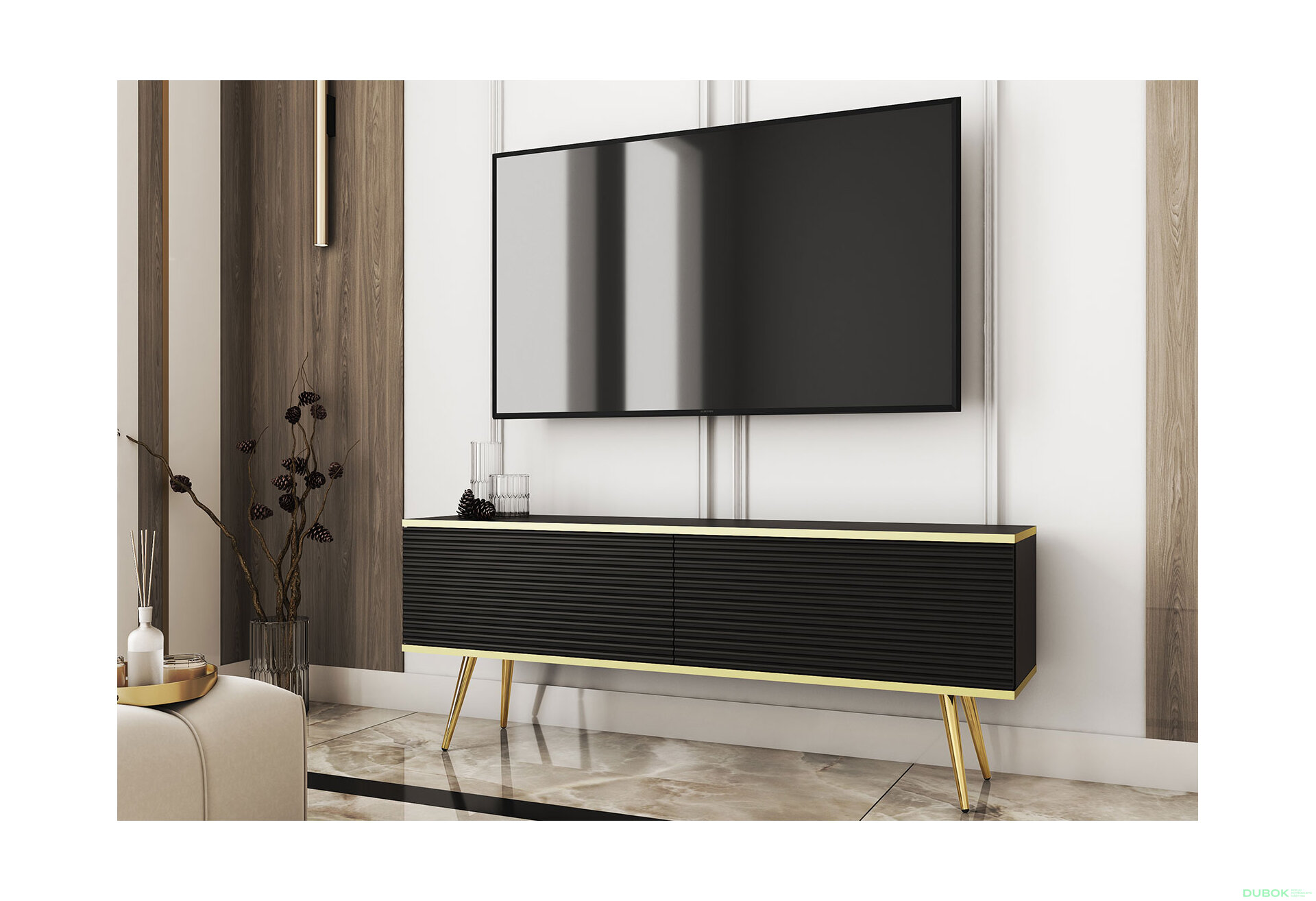 Obrázek 2 - TV stolek RTV 135 MDF černý, zlaté nohy Oro