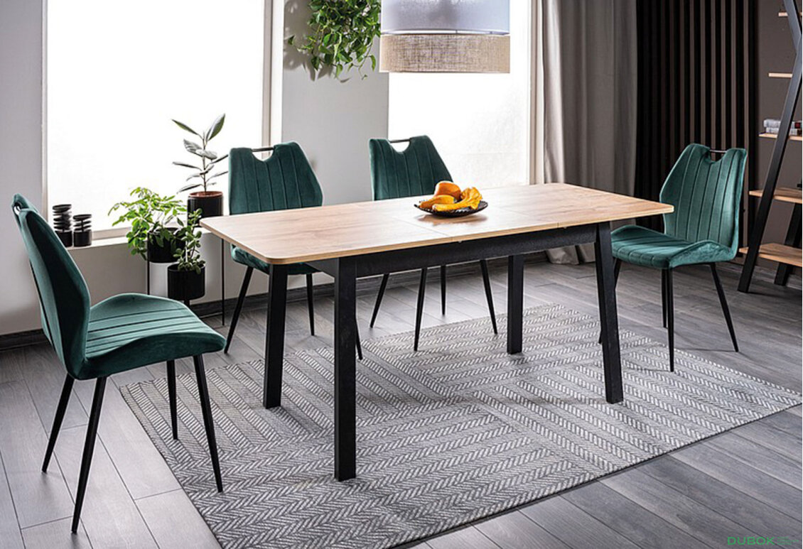 Stůl Ikar 125(165)x75 + 4 židle Arco Velvet zelený Bluvel 78, černý