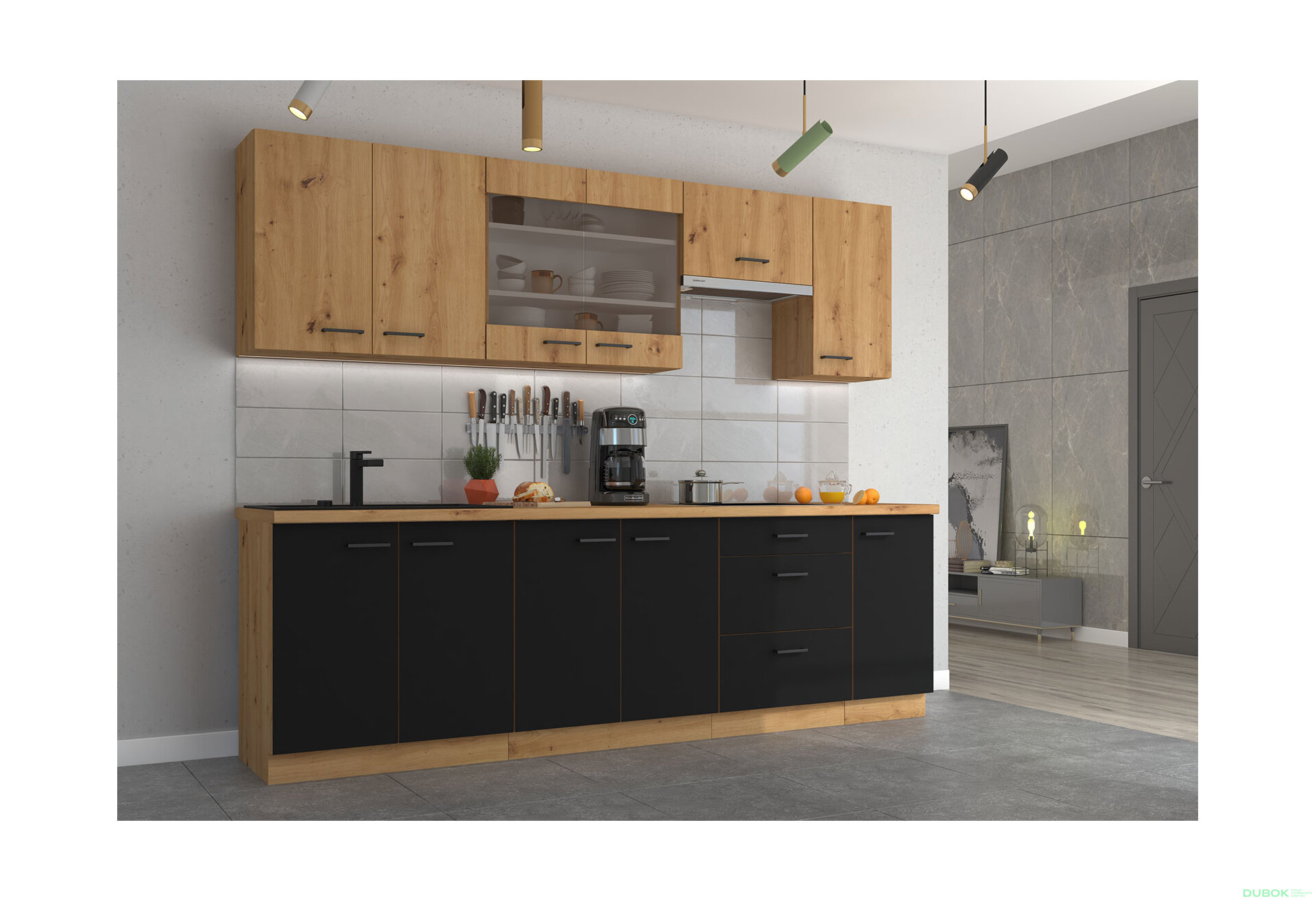 Obrázek 1 - Kuchyňská sestava 2.6 m dub artisan / černý mat Modena