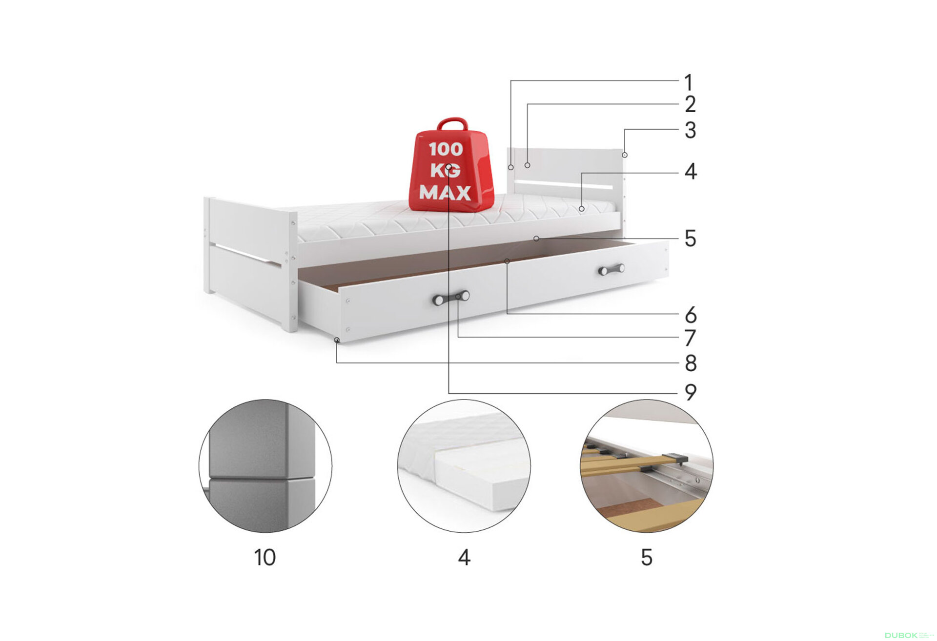 Obrázek 5 - Postel Bartek bílé + zásuvka 90x200 cm s roštem, matrací