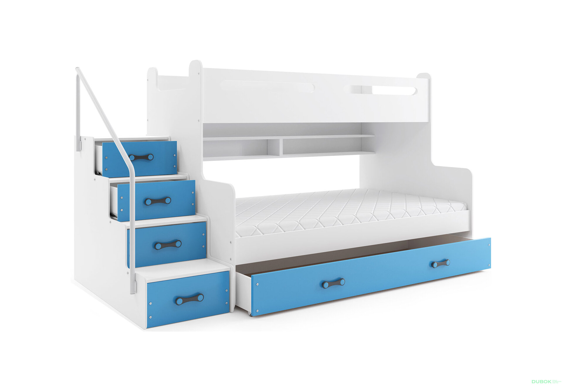 Obrázek 1 - Patrová postel Max 3 bílé / modrý 80x200 / 120x200 + zásuvka, s roštem, matrací