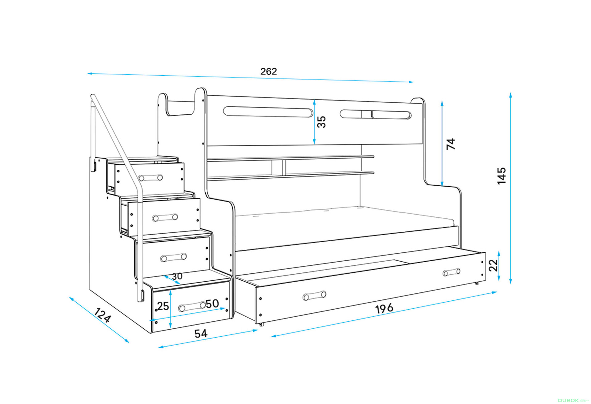 Obrázek 4 - Patrová postel Max 3 bílé / modrý 80x200 / 120x200 + zásuvka, s roštem, matrací