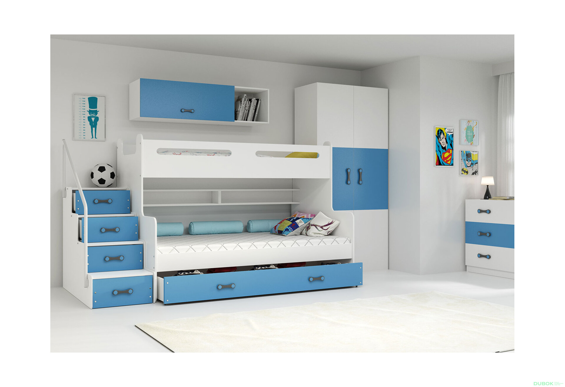 Obrázek 2 - Patrová postel Max 3 bílé / modrý 80x200 / 120x200 + zásuvka, s roštem, matrací