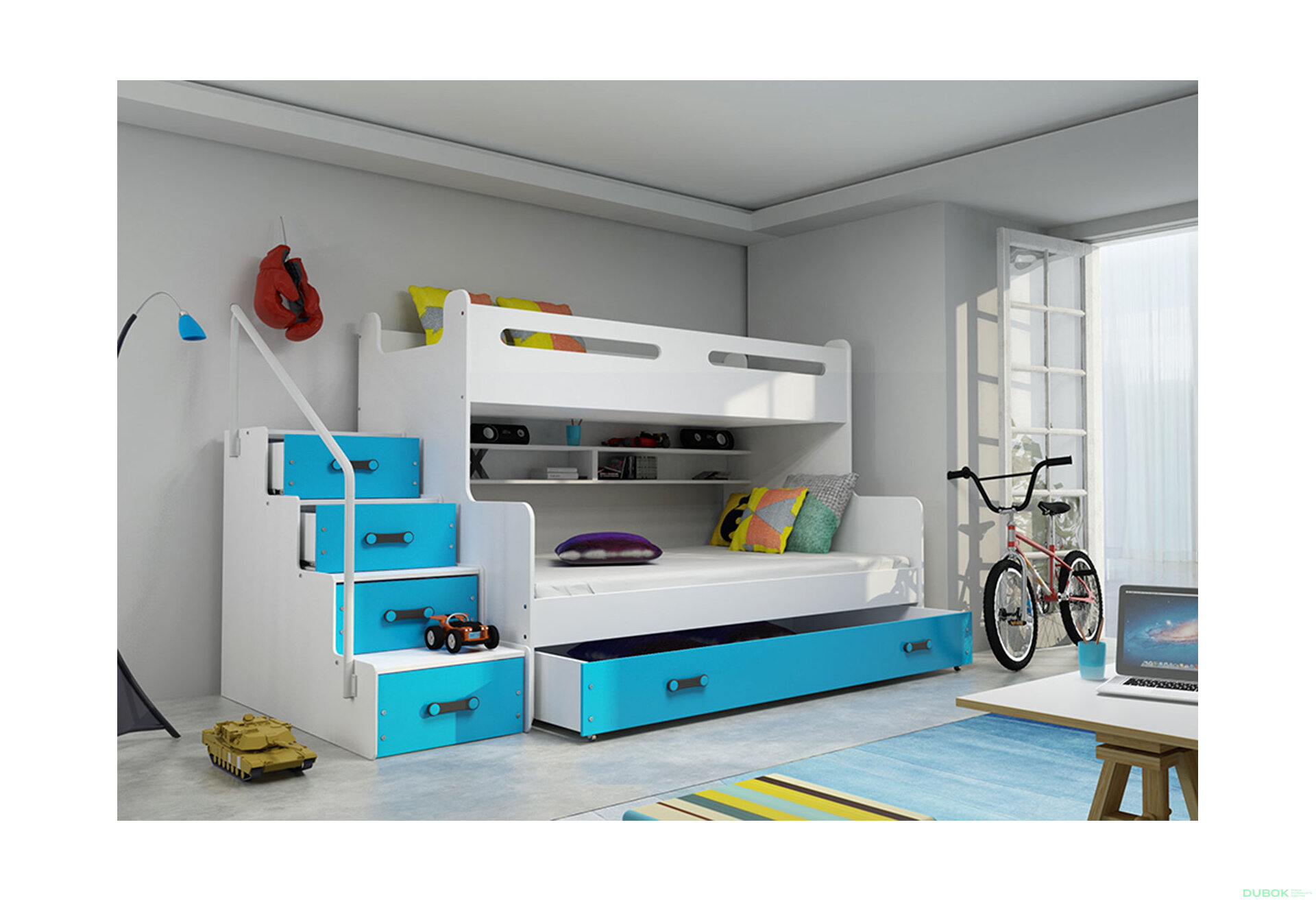 Obrázek 3 - Patrová postel Max 3 bílé / modrý 80x200 / 120x200 + zásuvka, s roštem, matrací