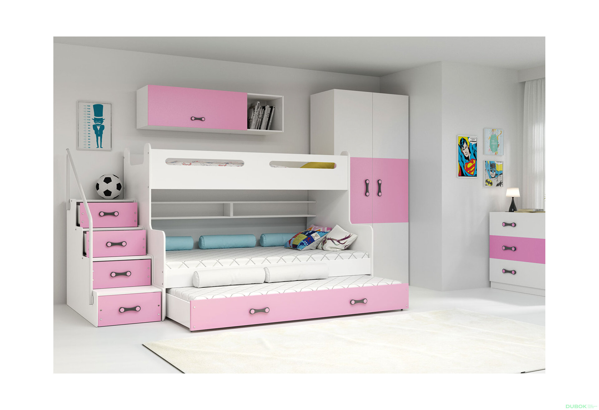 Obrázek 2 - Patrová postel Max 3 pro tři osoby bílé / růžový 80x200 / 120x200 / 80x190, s roštem, matrací