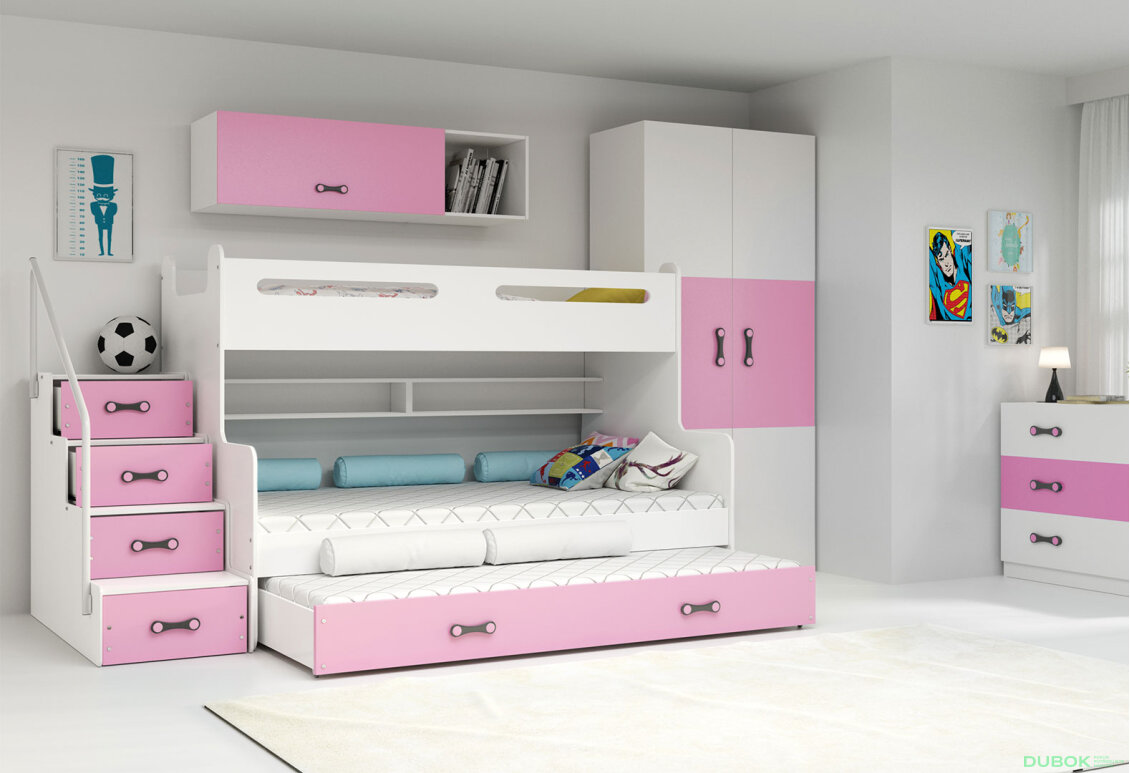 Obrázek 2 - Patrová postel Max 3 pro tři osoby bílé / růžový 80x200 / 120x200 / 80x190, s roštem, matrací