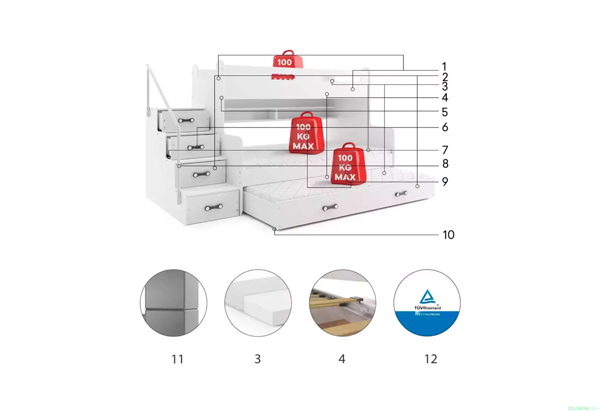 Obrázek 5 - Patrová postel Max 3 pro tři osoby bílé / růžový 80x200 / 120x200 / 80x190, s roštem, matrací