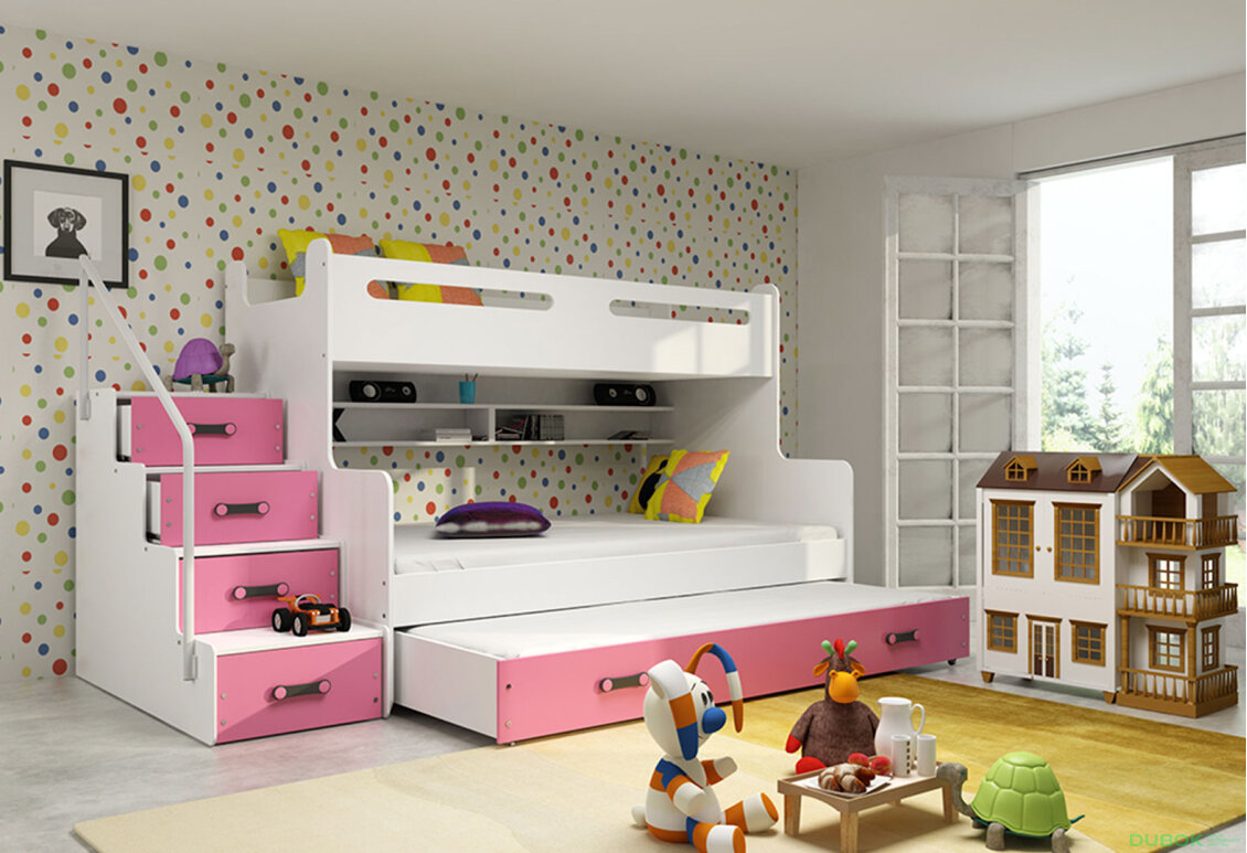 Obrázek 3 - Patrová postel Max 3 pro tři osoby bílé / růžový 80x200 / 120x200 / 80x190, s roštem, matrací